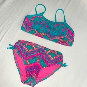 Girls 2 Piece high waisted bikini- Size 10 - teal/hot pink neon tye die print